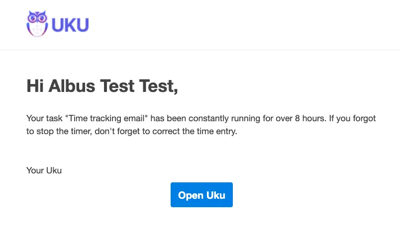 Email alert sent when a timer has been running for over 8 hours