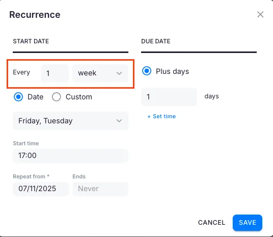 Weekly due date configuration
