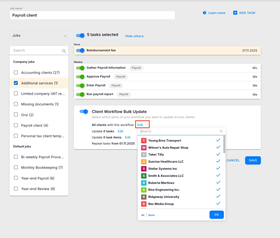 Update scope dialog with clients, tasks, and fields selectors
