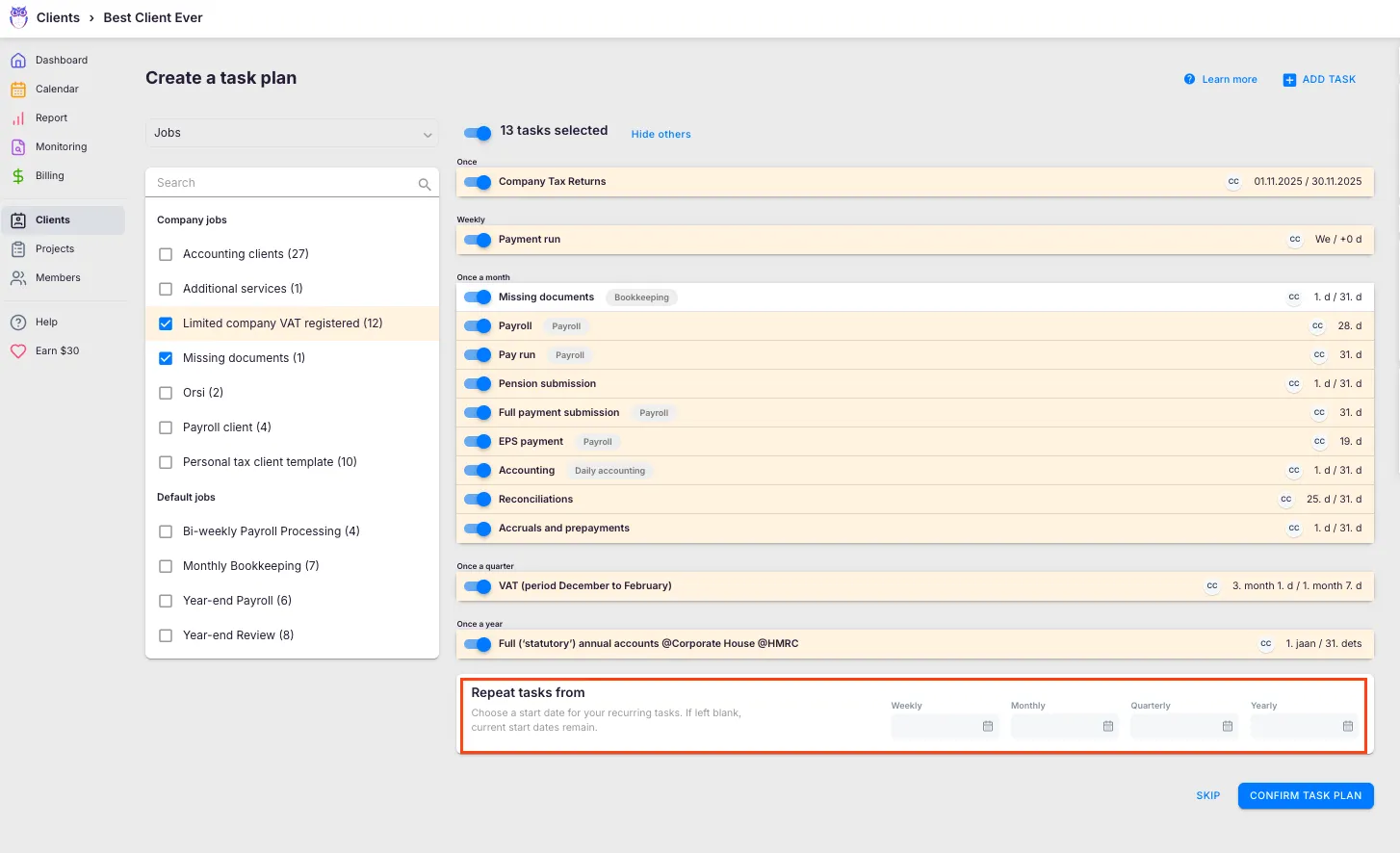 Repeat tasks from panel on the Create a task plan page, showing start dates per recurrence period