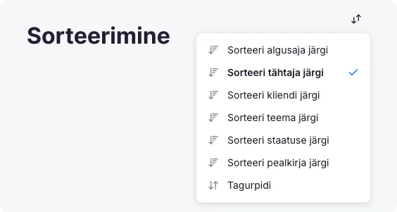 Töölaua sorteerimise rippmenüü, kus on valikud alguskuupäev, tähtaeg, klient, staatus, teema, pealkiri ja lõpetatus