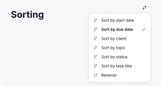 Dashboard sort options menu showing start date, due date, client, status, topic, title, and completion status
