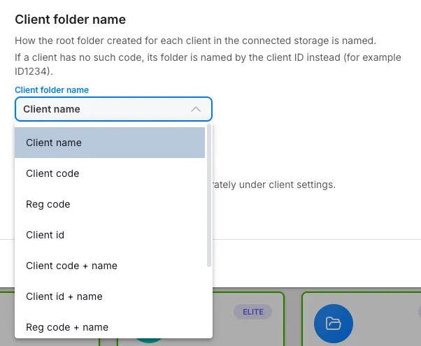 Choosing how each client's root folder is named in the connected storage