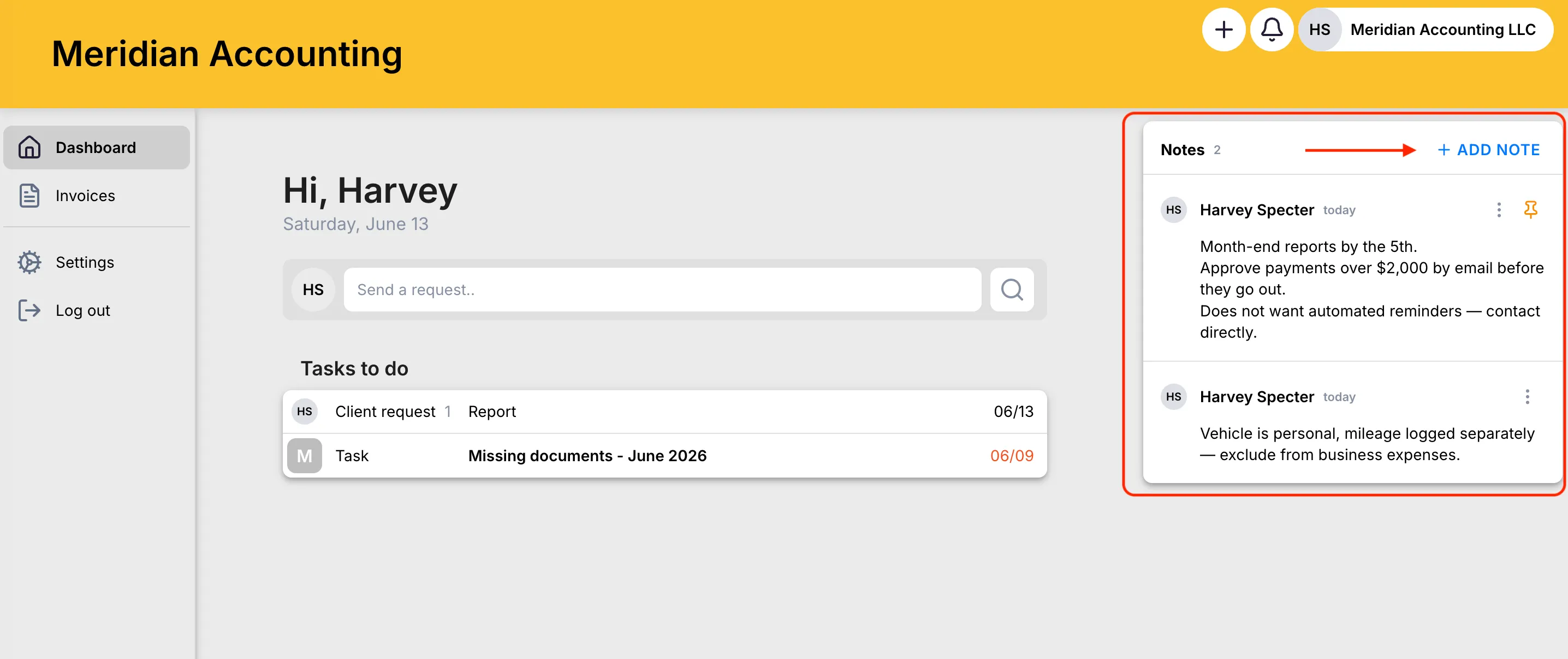 Client Portal dashboard with a Notes panel: an Add note button and a pinned note