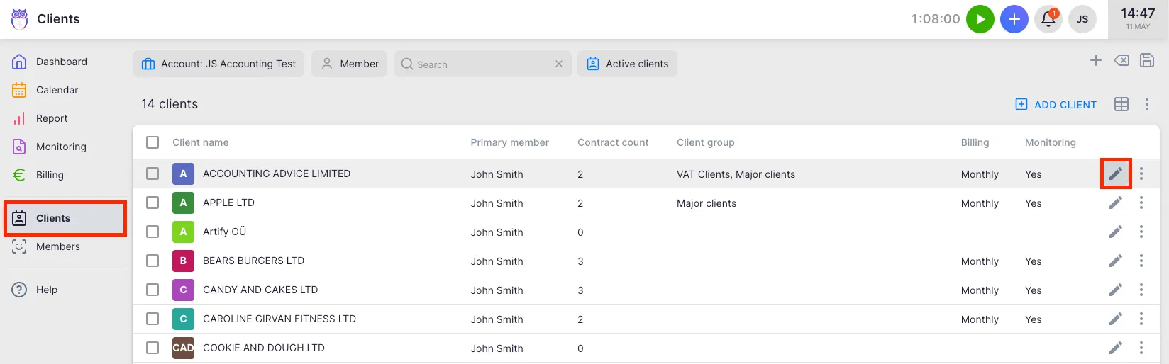 Settings & Apps Client App with the Contact Roles tab open showing the role list