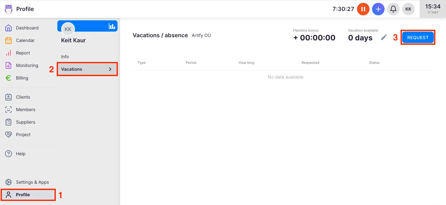 Profile page with the Vacations submenu open and the Request button highlighted