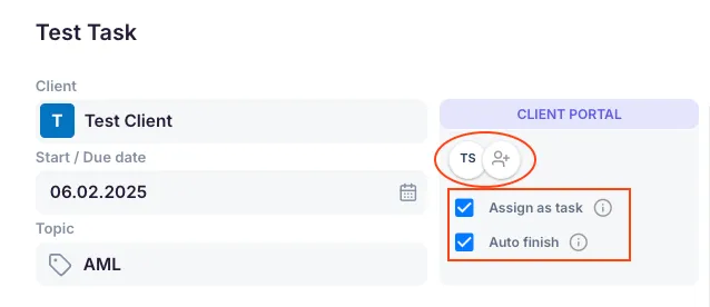 Client Portal task settings showing the contact selector and the Assign as task and Auto finish toggles