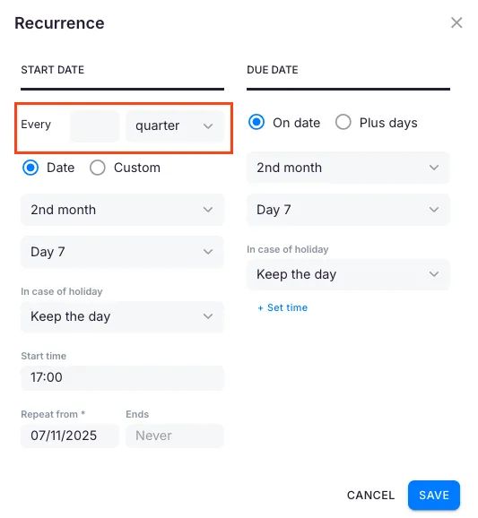 Quarterly due date configuration