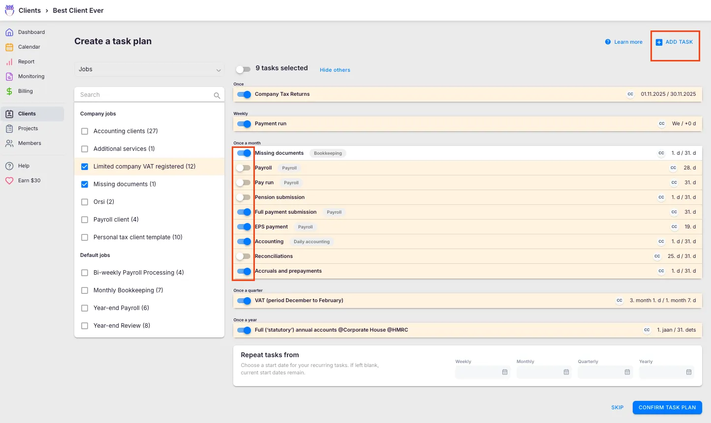 Edit plan view of an existing client Workflow