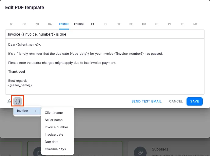 Debt reminder template with placeholder variables