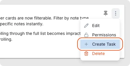 Creating a task directly from a note, with the note attached for context