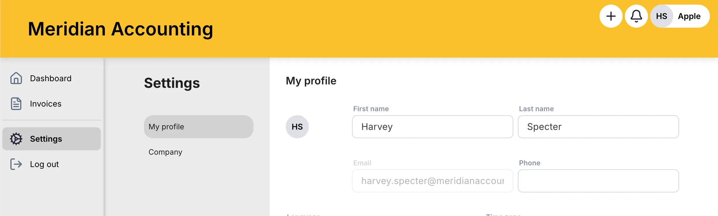 Client Portal Settings, My profile tab where a client reviews and edits their first name, last name, email, and phone