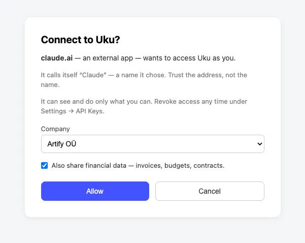 Uku's Connect to Uku? screen, with the company picker, the financial-data checkbox and the Allow button