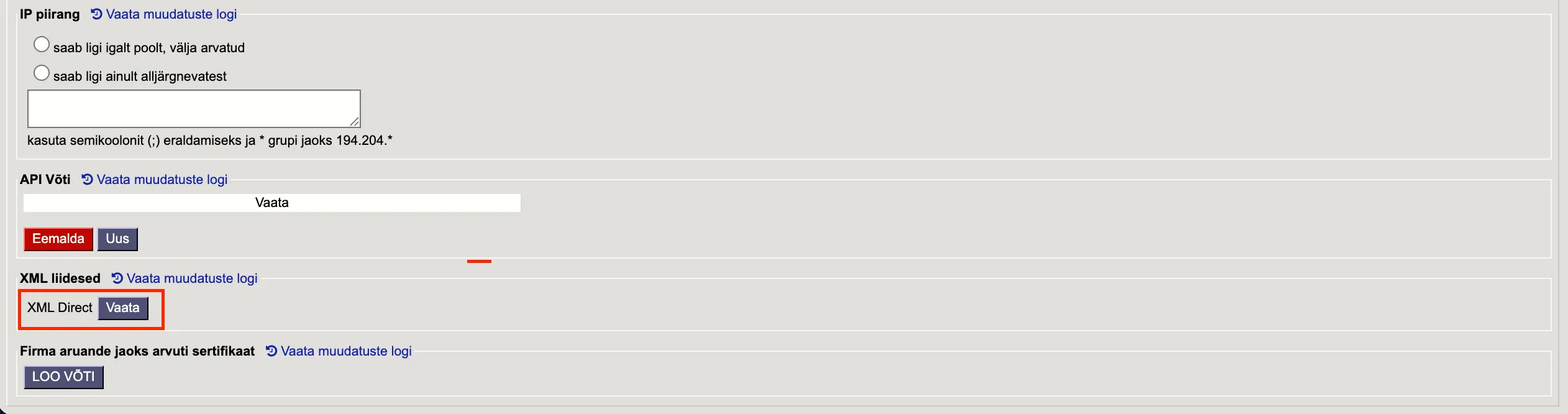 XML Direct võti Admin lehe allosas