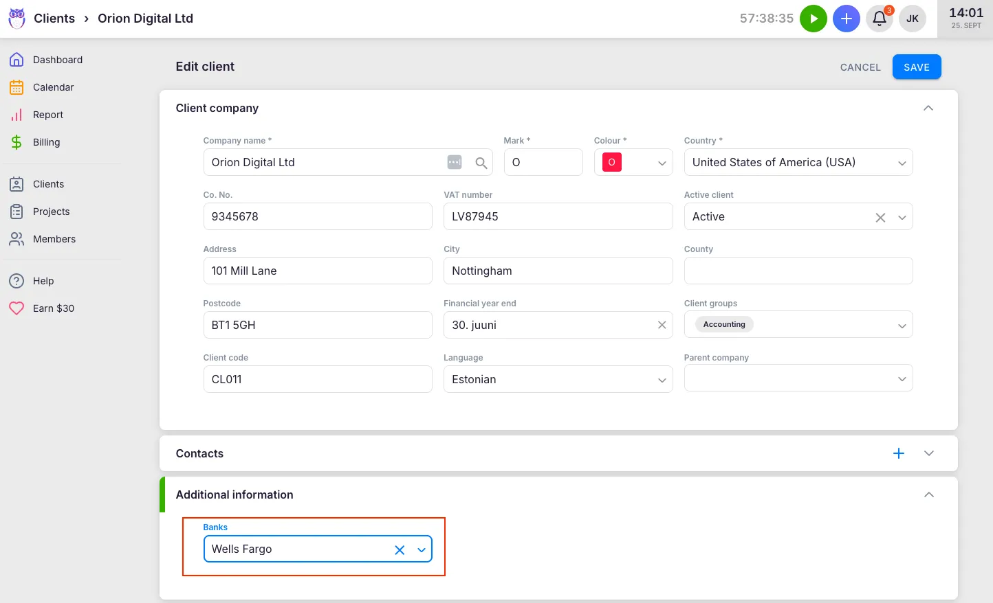 Edit client form with a custom Banks field shown in the Additional information section