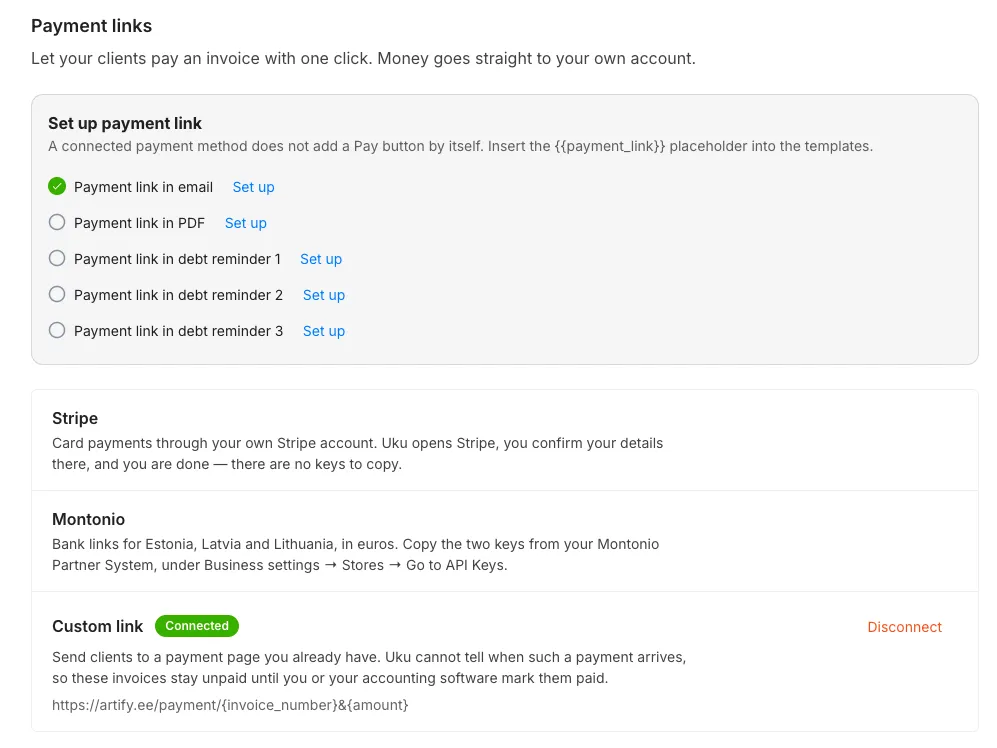 The Payment links settings page, with the pay-button placements and the Stripe, Montonio and custom-link methods