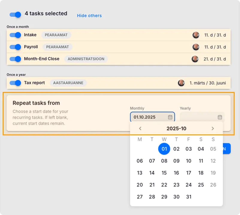 Kliendi tööplaani seaded, kus "Korda ülesandeid alates" väli on seatud mineviku kuule tagasiulatuvaks ülesannete loomiseks