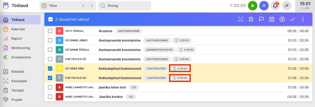 Arvutatud aeg ülesande kohta kuvatud dialoogis