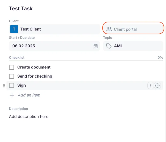 Task with the Client portal field highlighted next to the client and topic fields