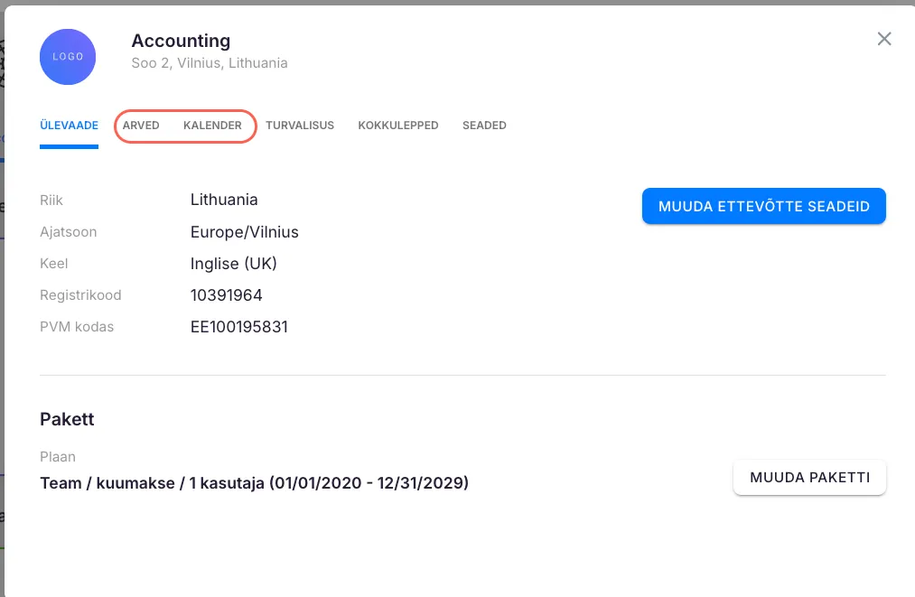 Ettevõtte konto seaded