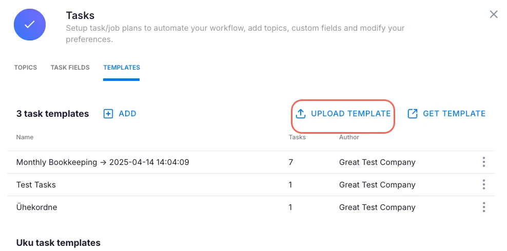 Uploaded template appearing in the templates list