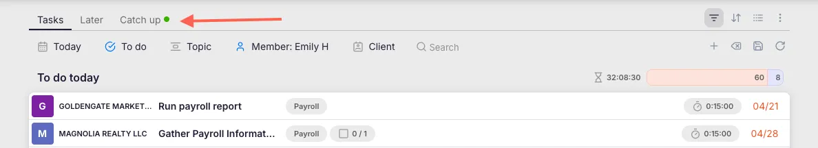 Catch Up view showing tasks with new client replies and comments