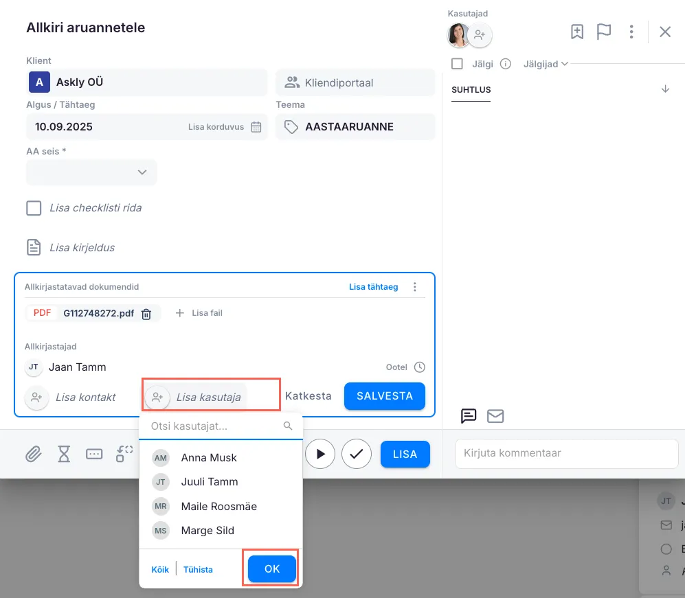 E-allkirja lisamine ülesandele