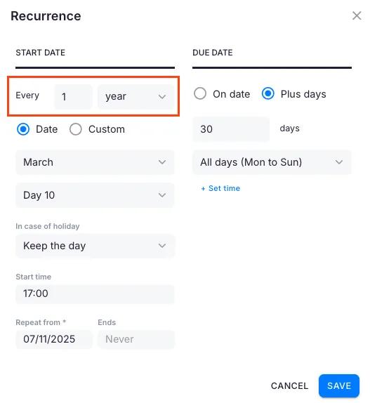 Annual due date — plus-days option