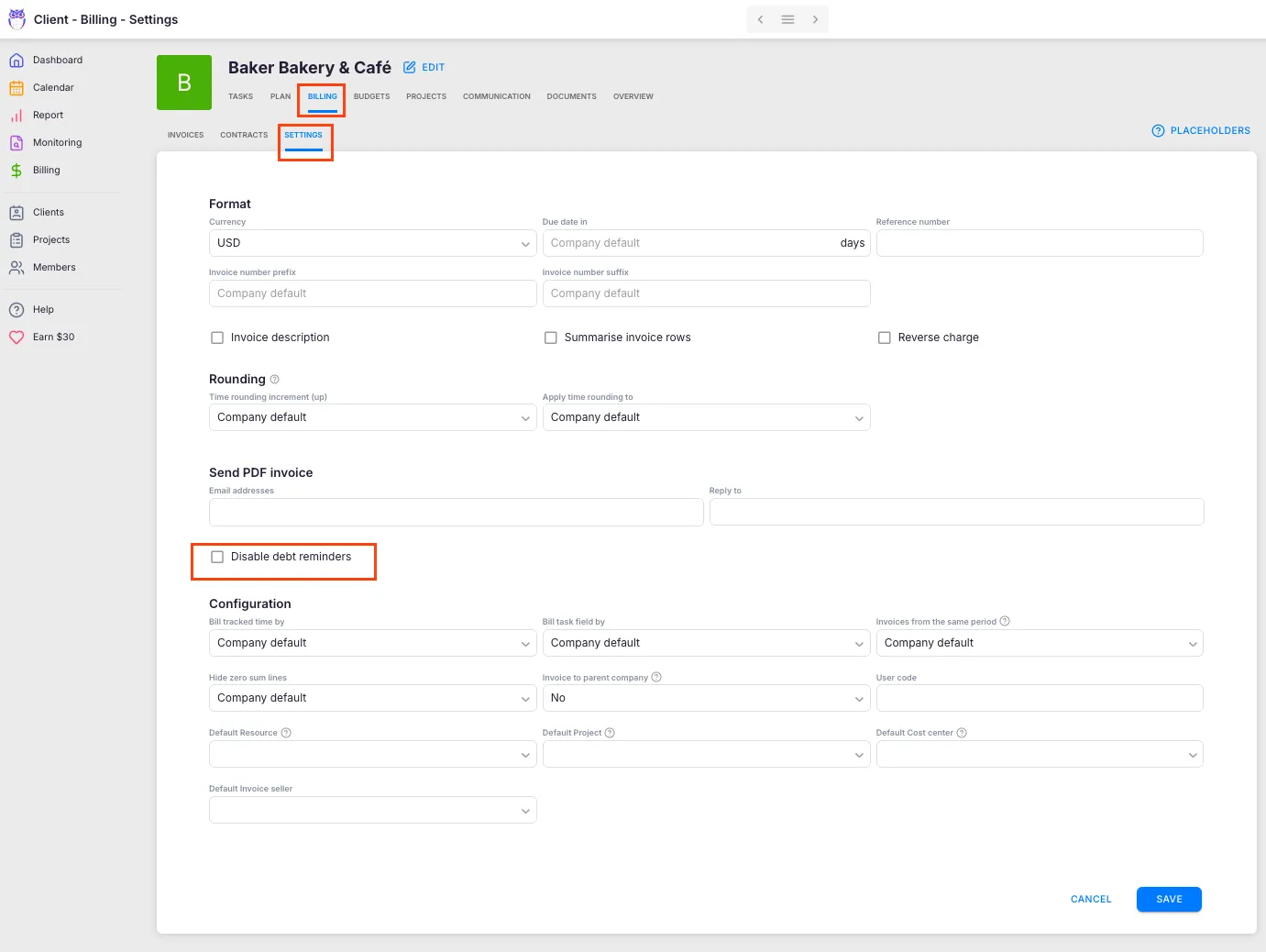 Per-client debt reminder disable setting in contract settings