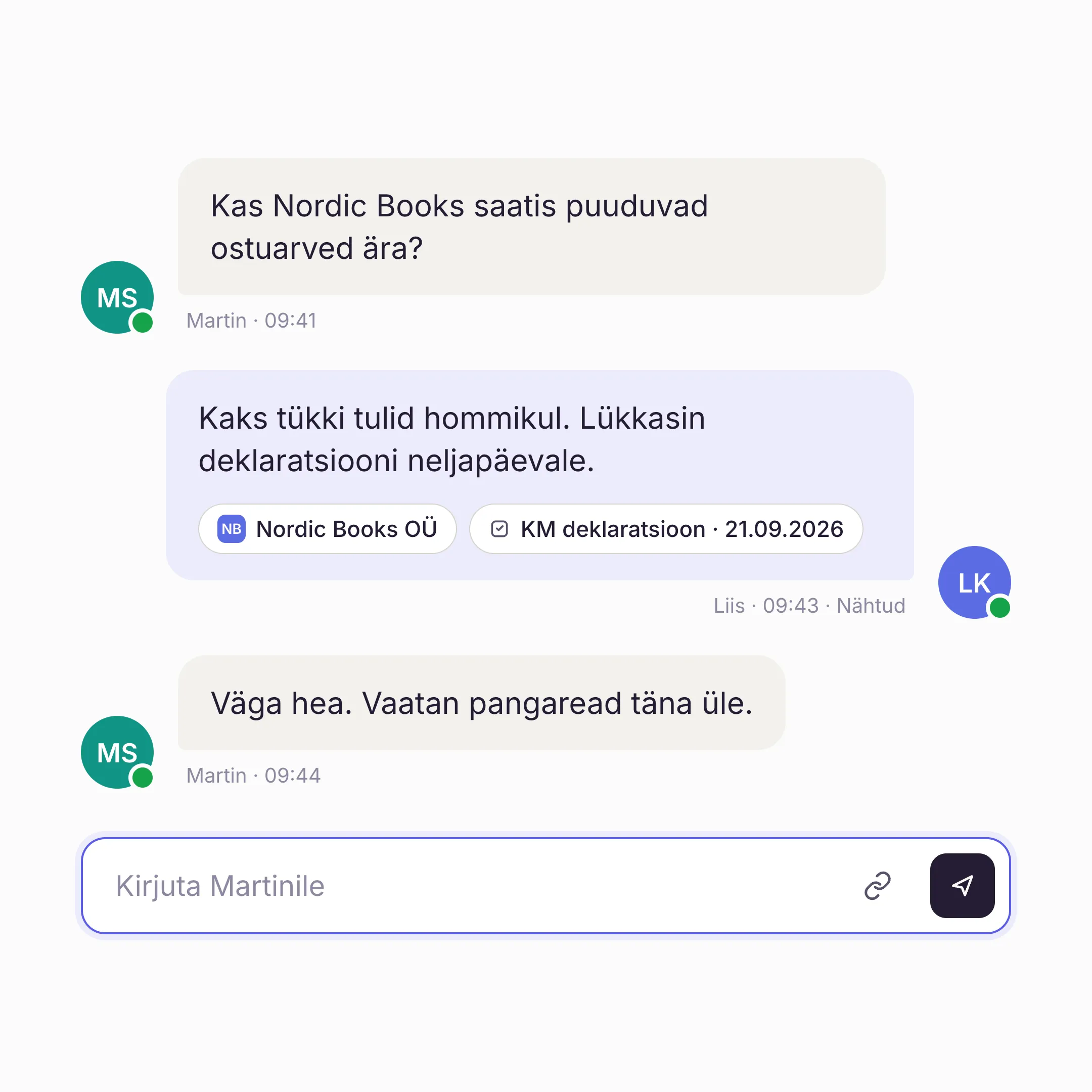 Chat Ukus: kaks kolleegi arutavad klienti, sõnumi küljes on klient ja ülesanne