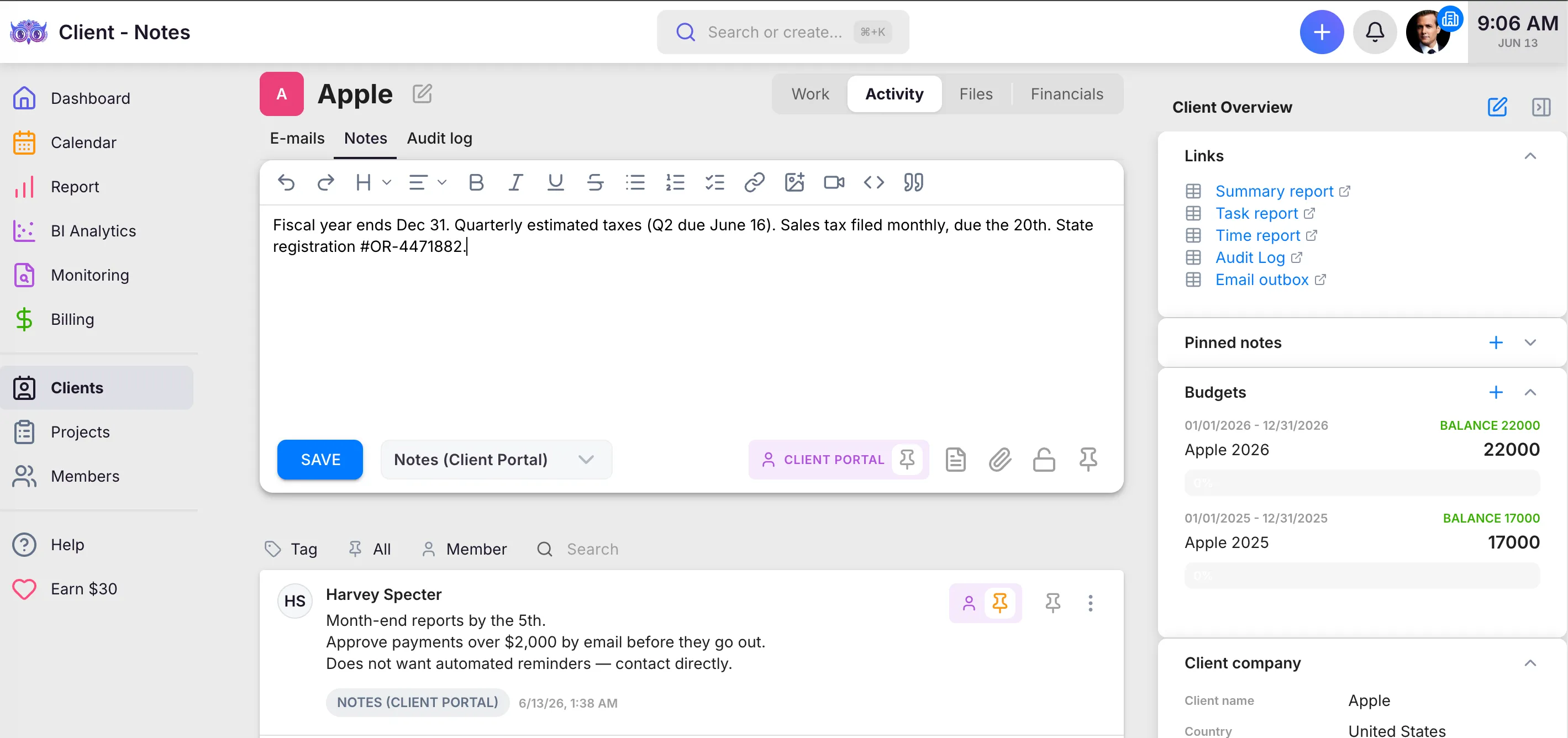 A shared client note in Uku, set to the Notes (Client Portal) type, with separate pins for Uku and the Client Portal