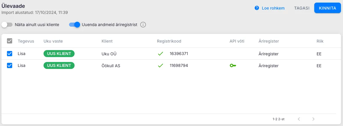 Client list with Action column checkboxes