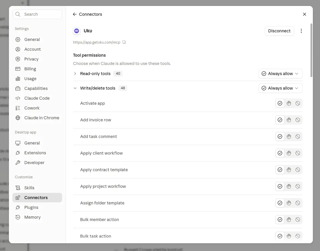 Tool permissions for the Uku connector in Claude, with the read-only and write or delete groups