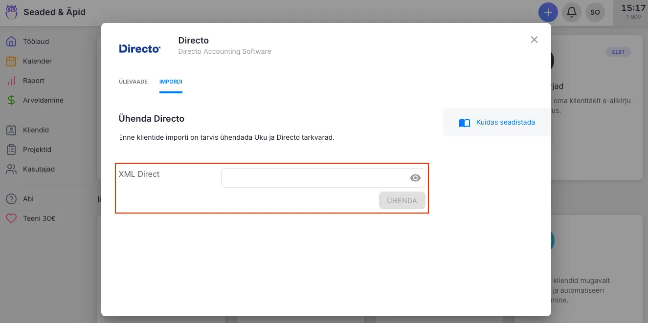 Sisesta XML Direct võti Uku Directo äpi all
