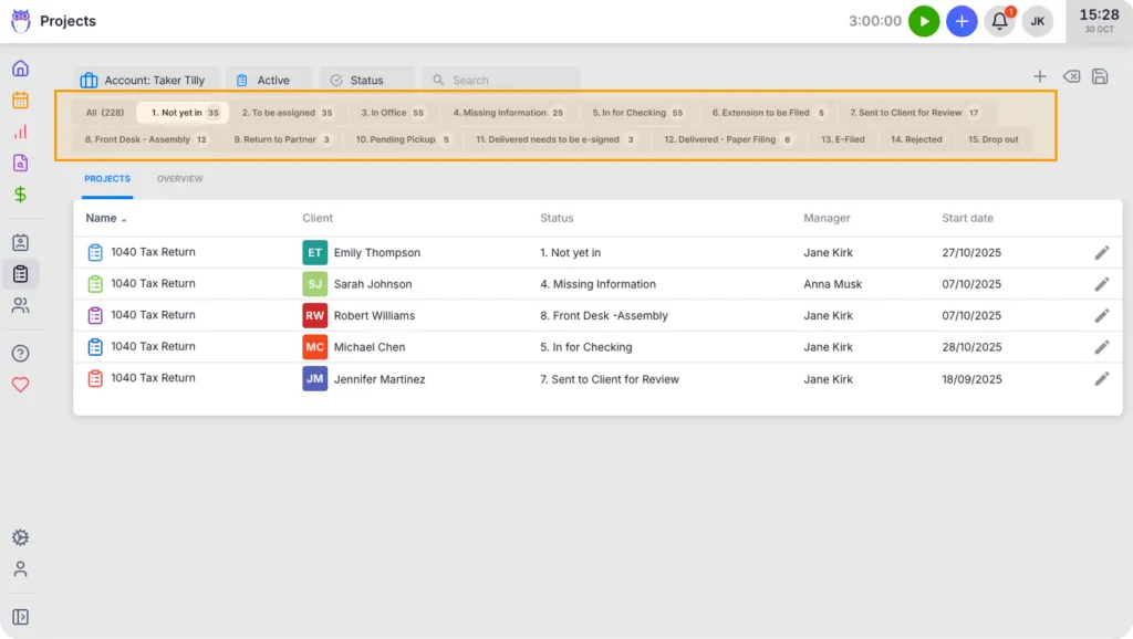 Project list grouped by process status, with status labels visible for each project row