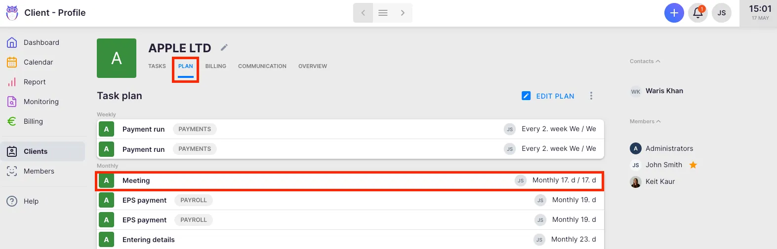 Client Workflow tab listing recurring tasks