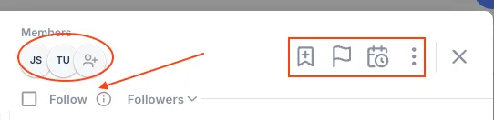 Task header showing the Members avatars, Follow toggle, and the bookmark, flag, and calendar icons