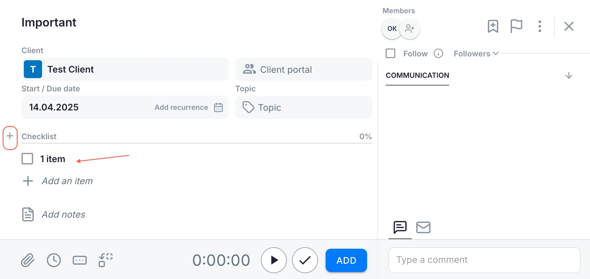 Checklist in a task with the add group button next to the title