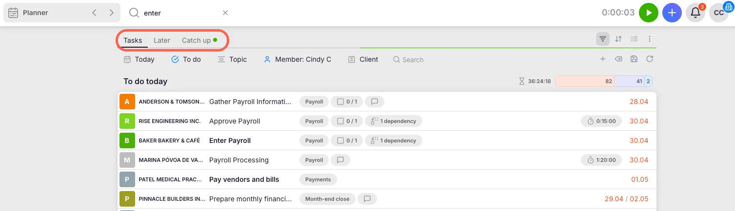 Later view showing tasks postponed to a future date