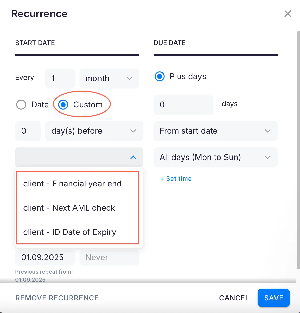 Custom start date linked to a client date field