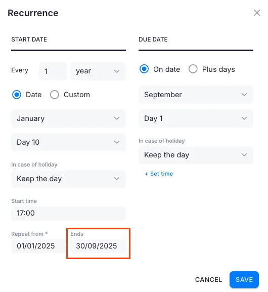 Annual due date — specific date option