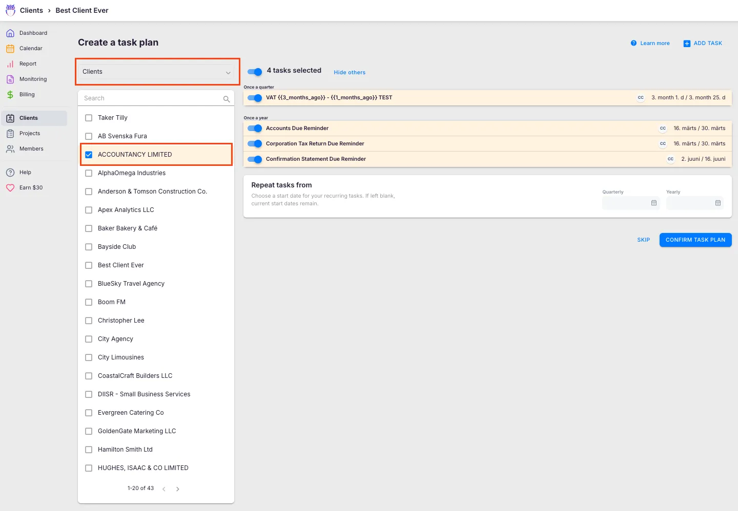 Create a task plan dialog with the Clients source selected and a client checkbox highlighted