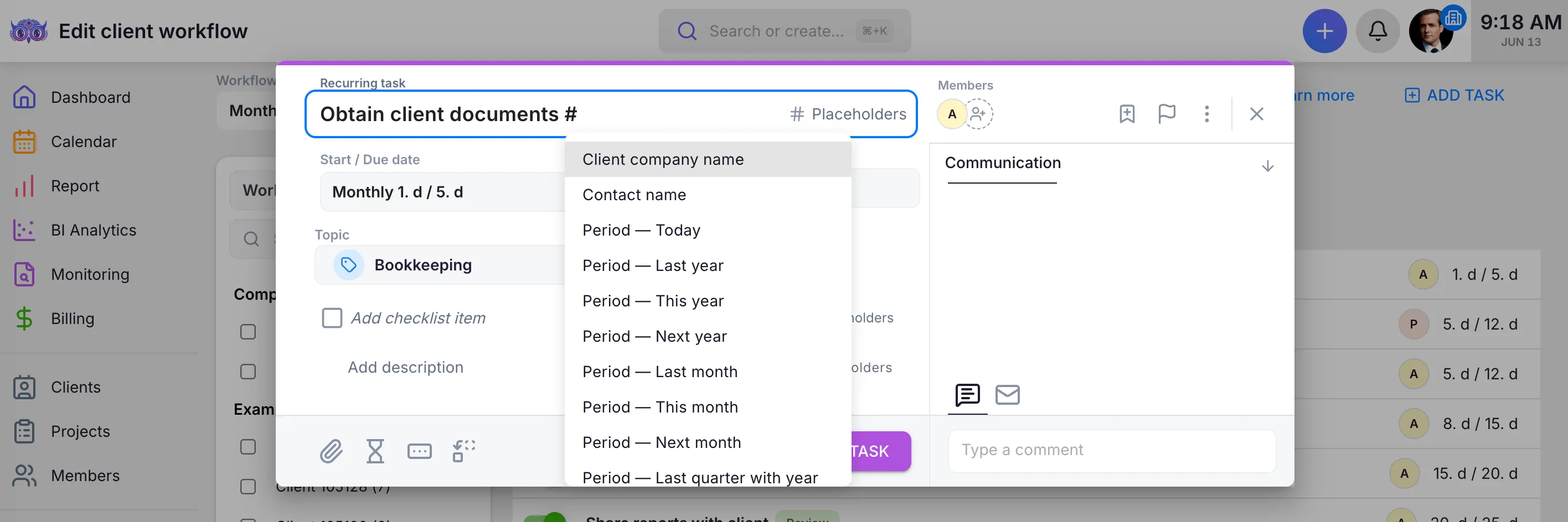 Recurring task editor with the # Placeholders menu open, listing variables like client company name, contact name, and period options