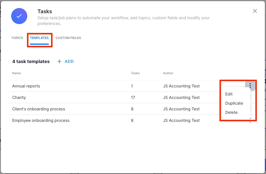 Template editor with task details fields