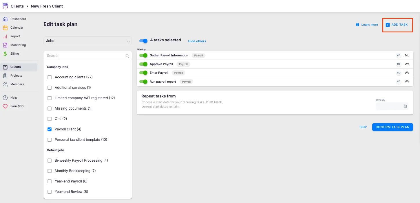 Add tasks dialog with template selection