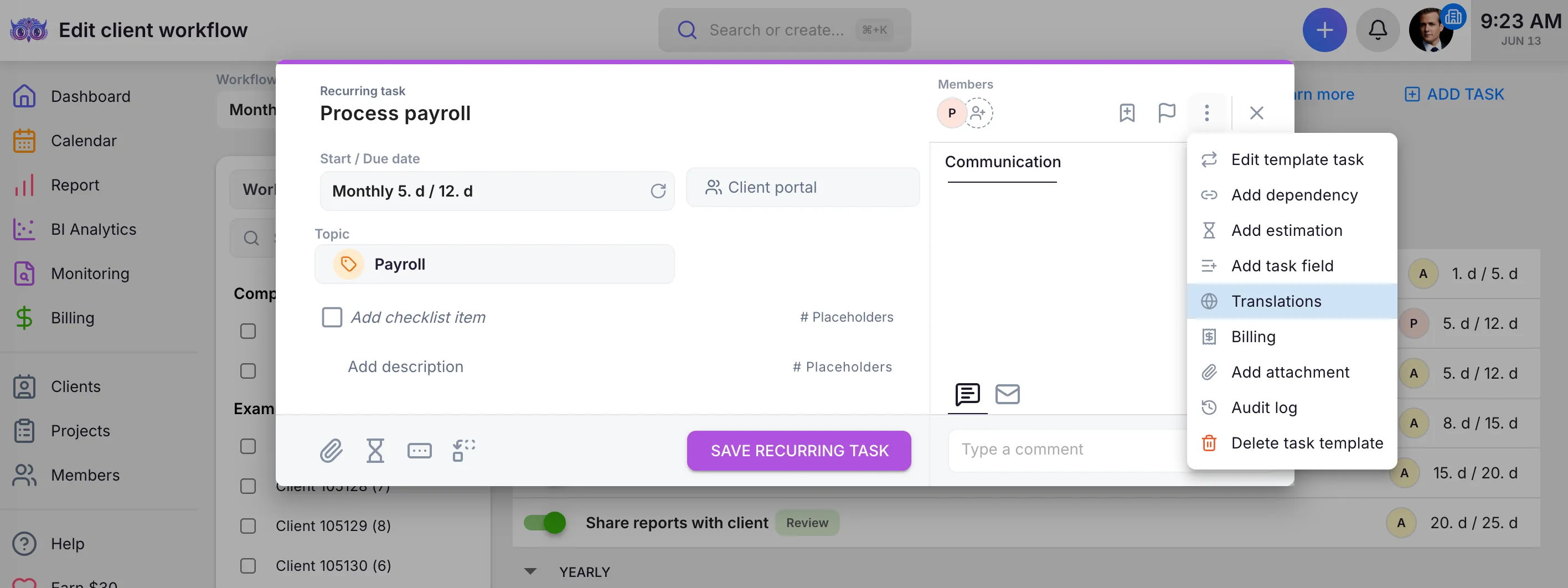 Recurring task editor with the task actions menu open and the Translations option highlighted