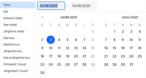 Kuupäeva filtri paneel kiirvalimisvõimalustega, nagu täna, see nädal ja see kuu, mis on saadaval töölaual ja raportites