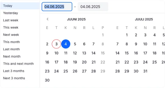 Date filter panel with quick-select options like today, this week, and this month available in the dashboard and reports