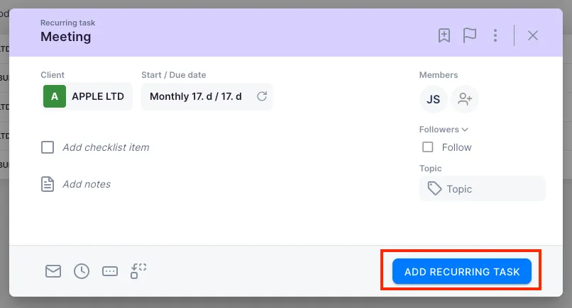 Task creation dialog with the Start / Due date field expanded and the Add recurrence link highlighted
