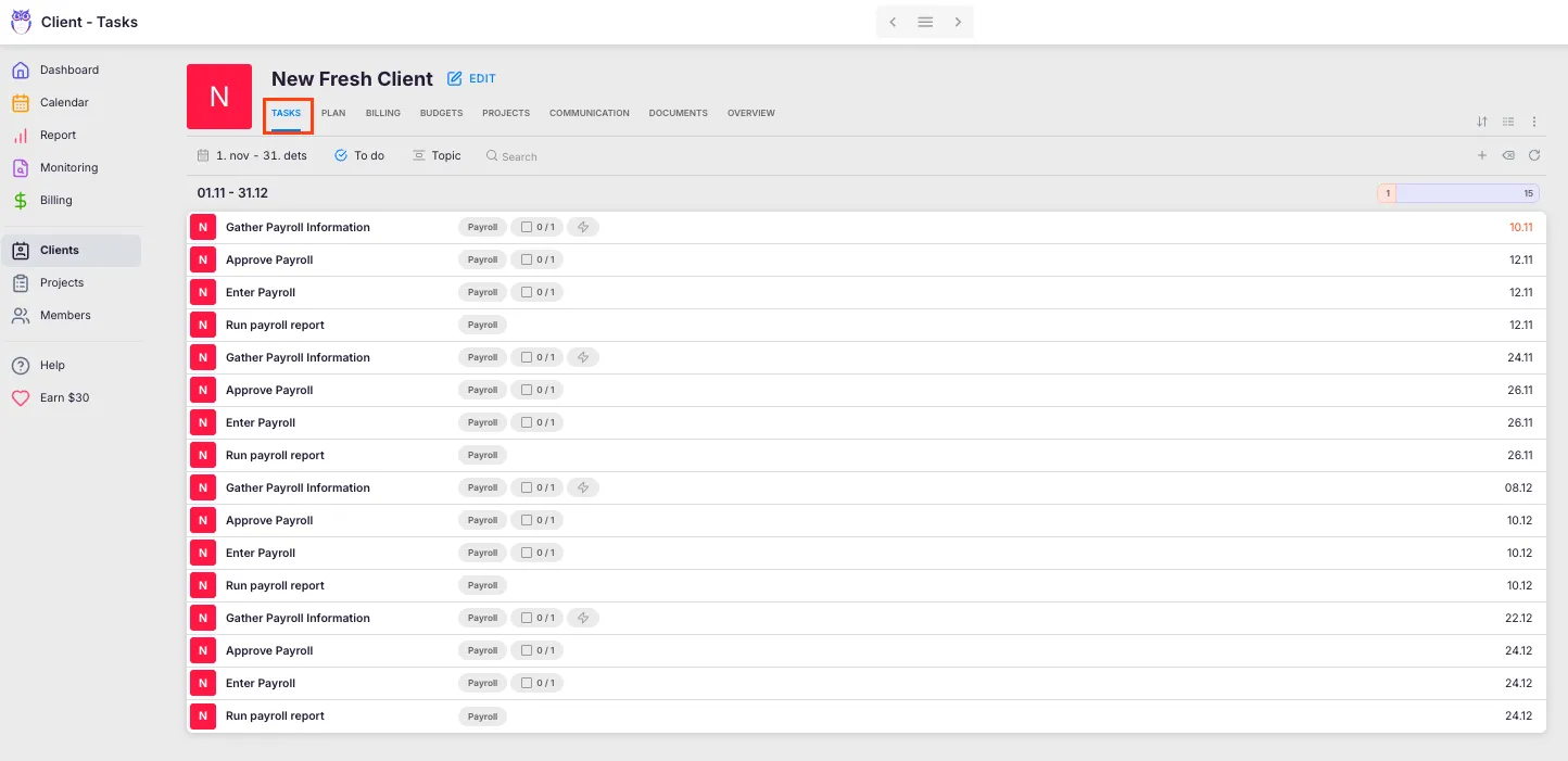 Client profile with the Tasks tab highlighted, listing the tasks the workflow generated
